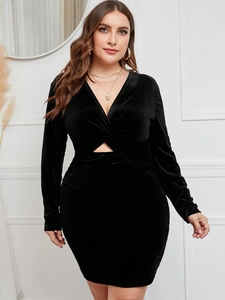 Elegant plus size black velvet midi dress with deep V-neck and stylish waist cutout