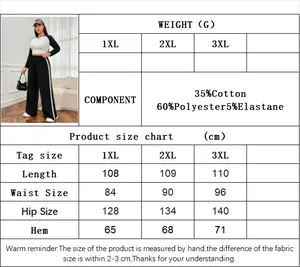 Size chart for women's plus size wide leg trousers with fabric blend specifications