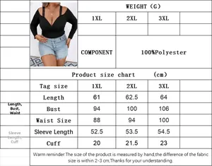 Detailed size guide table for plus size V-neck long sleeve top showing 1XL to 3XL dimensions
