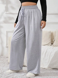 Women casual grey high waisted wide leg lounge pants with drawstring and pockets