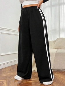 Women Plus Size Casual Wide Leg Pants High Waist Contrast Side Stripe Cotton Blend Trousers Loose Sporty Long Pants
