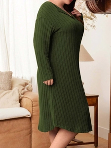 Plus size dark green long sleeve dress with ribbed texture and polo neck design