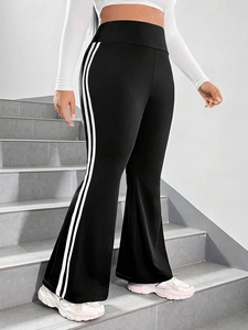 Plus Size Women's High Waist Flare Leggings Casual Sporty Pants With Side White Stripes Slimming Bell Bottom Trousers