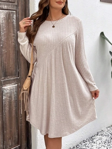 Robe Midi en Maille Côtelée pour Femmes Grandes Tailles Élégant Manches Longues Col Rond Ligne A Couleur Unie Amande Mode