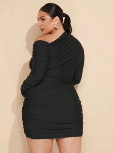 Elegant black off-shoulder bodycon dress with long sleeves and pleated texture design