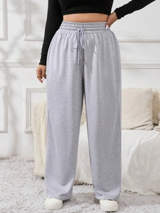 Women's plus size light gray wide leg joggers with drawstring elastic high waist