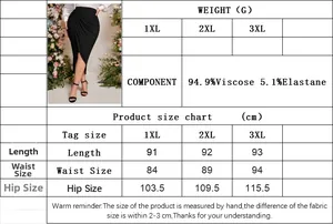 Size chart for plus size elegant high waist slit midi skirt with fabric composition