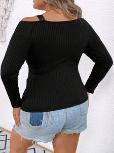 Slim fit black ribbed cold-shoulder top with lace straps for plus size women