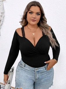 Slim fit black ribbed long sleeve V-neck top with lace straps and cross front wrap design
