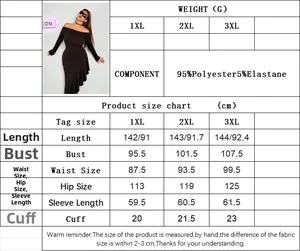 Detailed size chart for plus size off-shoulder long sleeve dress with measurements
