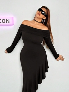 Plus Size Women Off-The-Shoulder Long Sleeve Midi Dress Asymmetrical Ruffle Hem Elegant Solid Black Bodycon Party Dress