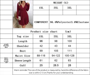 Size guide for burgundy plus size dress with measurements for polyester and elastane fabric
