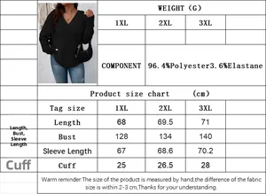 Detailed size chart for plus size long sleeve V-neck tee with measurements for 1XL to 3XL