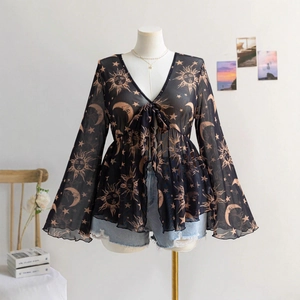 Black sheer mesh V-neck top with vintage celestial print and flared sleeves for women