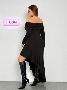 Elegant off-shoulder black slim dress with long sleeves and ruffled asymmetric hem