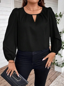Elegant plus size black long sleeve V-neck blouse with stylish puff sleeves for women