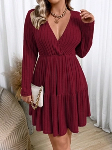 Women Plus Size Wine Red V Neck Long Sleeve Ribbed Knit Midi Dress Ruched A-Line Ruffle Hem Elegant Commuter Dress