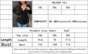 Größentabelle für Plus-Size-T-Shirt mit V-Ausschnitt, Maßen und Stoffzusammensetzung