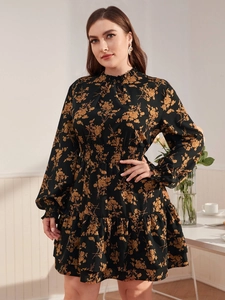 Robe Courte Florale Élégante Taille Plus pour Femmes Col Haut Manches Bouffantes Longues Taille Élastique Ourlet Volanté à Étages