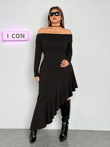 Elegant plus size black off-shoulder midi dress with ruffled hem and long sleeves