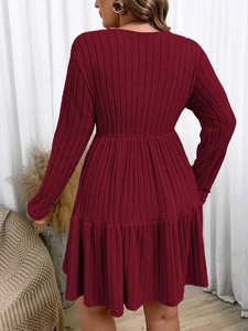 Elegant wine red ribbed knit midi dress with high waist and tiered ruffle hem, back view