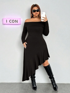 Elegant black off-shoulder long sleeve dress with ruffle hem and slim fit design