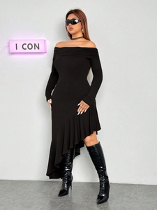 Elegant plus size black off-shoulder long sleeve dress with asymmetric ruffle hemline