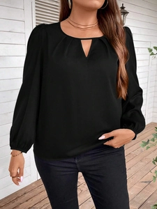 Elegant black long sleeve blouse with V-cut crew neck and puffy elastic sleeves