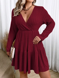 Elegant burgundy long sleeve pleated midi dress with deep V-neck for chic women