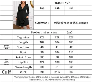 Size chart for plus size elegant V-neck long sleeve dress with detailed measurements