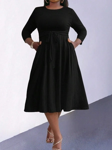 Women Plus Size Solid Black Round Neck Midi Dress With Waist Tie Pocket Simple Elegant Long Sleeve Knit Dress