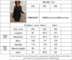 Size chart for elegant long sleeve plus size dress with fabric and measurement details