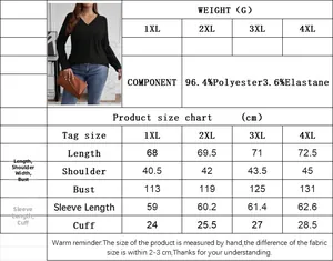 Detailed size chart for plus size women V-neck top with fabric and measurements