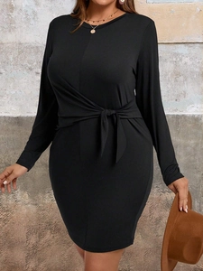 Elegant plus size black long sleeve dress with waist tie detail for stylish women