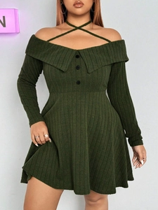 Plus Size Sexy Off-Shoulder Halter Ribbed Knit Long Sleeve Mini Dress Army Green A-Line Casual Party Short Dress Women
