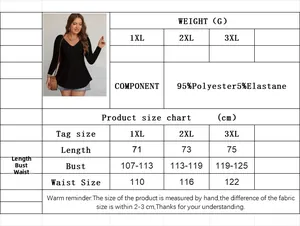 Detailed size chart for women's plus size long sleeve top in 1XL to 3XL measurements