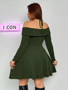 Slim fit dark green ribbed knit off-shoulder mini dress with halter neck tie detail