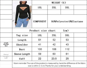 Size chart for deep V-neck long sleeve top showing measurements for 1XL 2XL 3XL