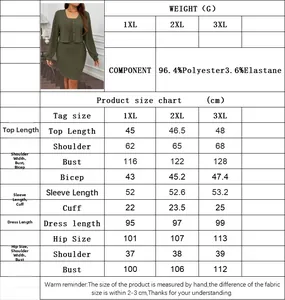 Detailed size guide table for plus size two-piece knit dress set in army green