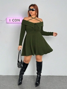 Dark green knitted off-shoulder halter dress with button details and long sleeves