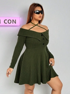 Olive green knit halter neck dress with cold shoulder cutouts and ribbed texture