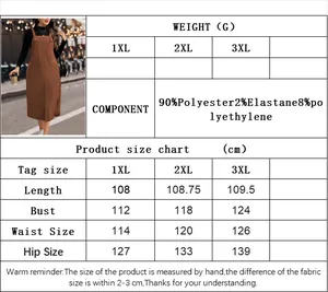 Size chart for brown plus size overall dress with fabric details from 1XL to 3XL