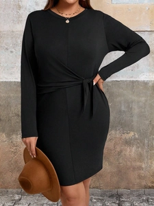 Elegant plus size black long sleeve tie-waist dress with minimalist crew neck design