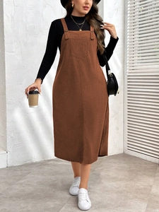 Women Plus Size Brown Corduroy Pinafore Dress Casual Loose Strappy Midi Overall Dress With Pockets Sleeveless Jumper Dress