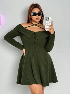 Dark green off-shoulder knit dress with halter neck design and decorative buttons