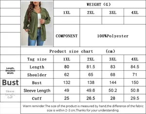 Detailed size chart for plus size women's olive green corduroy shirt jacket from 1XL to 4XL