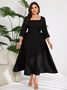 Women Plus Size Elegant Black Midi Dress Square Neck Long Sleeve Side Ruched Drawstring A-Line Casual Party Cocktail Dress