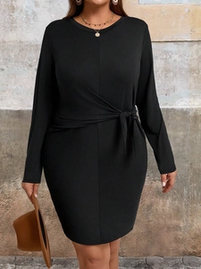 Plus Size Elegant Black Long Sleeve Dress Round Neck Tie Waist Ruched Bodycon Midi Pencil Dress For Women Casual Commuter Wear