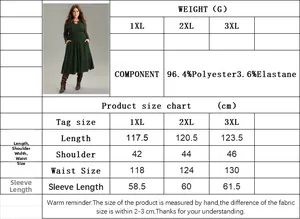 Tableau des tailles détaillé pour robe col V grande taille avec mesures du 1XL au 3XL et tissu