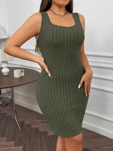 Slim fit dark green sleeveless ribbed knit mini dress with a round neckline for women